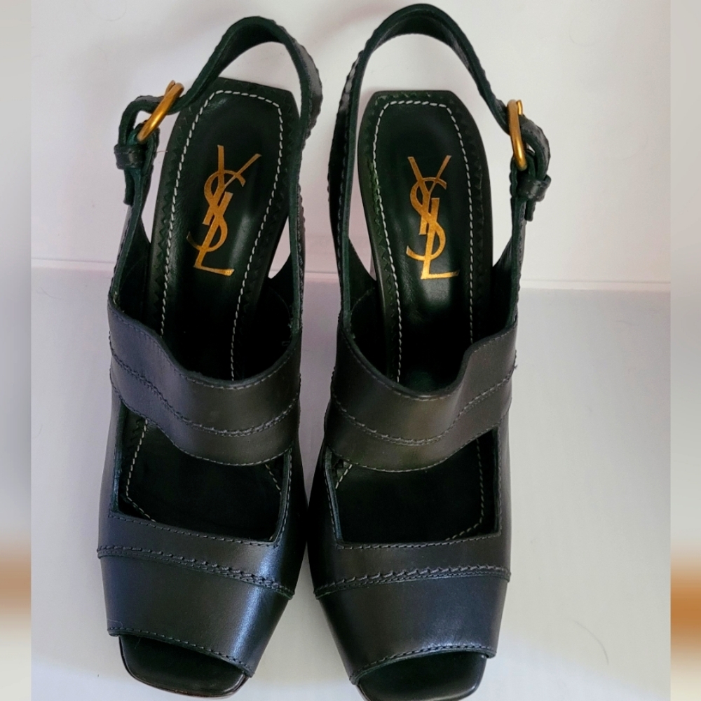 Yves Saint Laurent Leather Peep Toe,Deep Dark Green, Wood Heel, Cert Of Auth,6.5